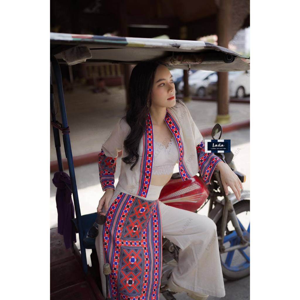 New Ethnic Embroidery Wrap Top &amp; High-Waisted Pants Set – Cream &amp; Black | 2-Piece Cotton Outfit for Women One-Sake.com ดำ / L ดำ / S ดำ / M ดำ / S-ดำ / M-ดำ / L-ดำ / XL-ขาว / S-ขาว / M-ขาว / L-ขาว / XL-