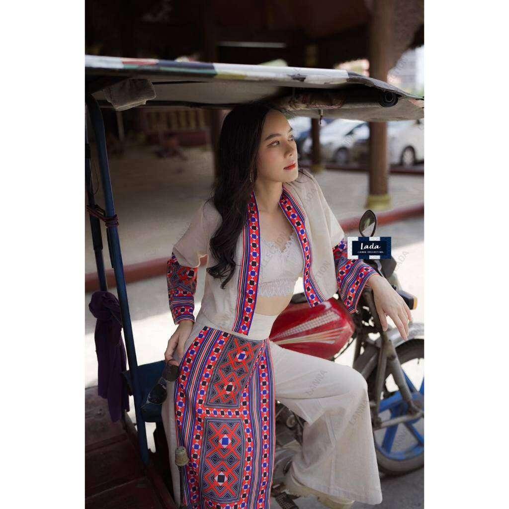 New Ethnic Embroidery Top and Pants Set - Cream & Black High-Waisted Cotton Outfit for Women ขาว