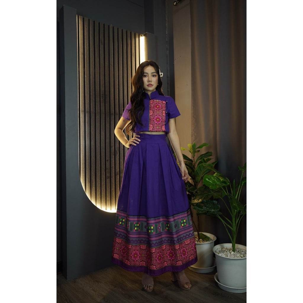 New Chinese Collar Top &amp; Swirl Print Skirt Set – Purple Cotton Outfit | Modest Style for Women One-Sake.com ม่วง / L ม่วง / S ม่วง / M ม่วง / S-ม่วง / M-ม่วง / L-ม่วง / XL-