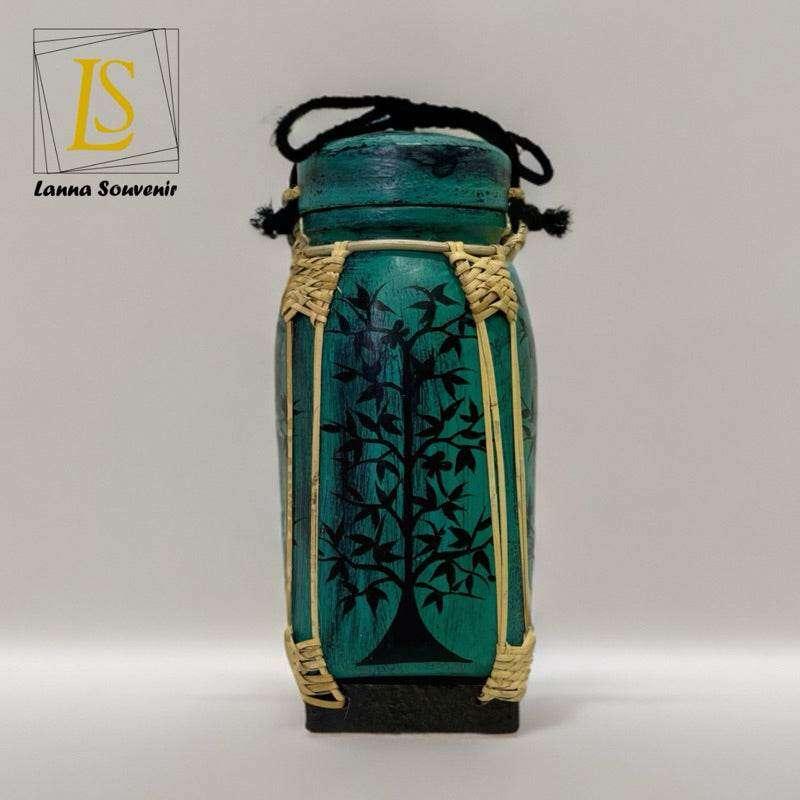 Handmade Bamboo Rice Box with Floral Design - Authentic Thai Craftsmanship ต้นไม้