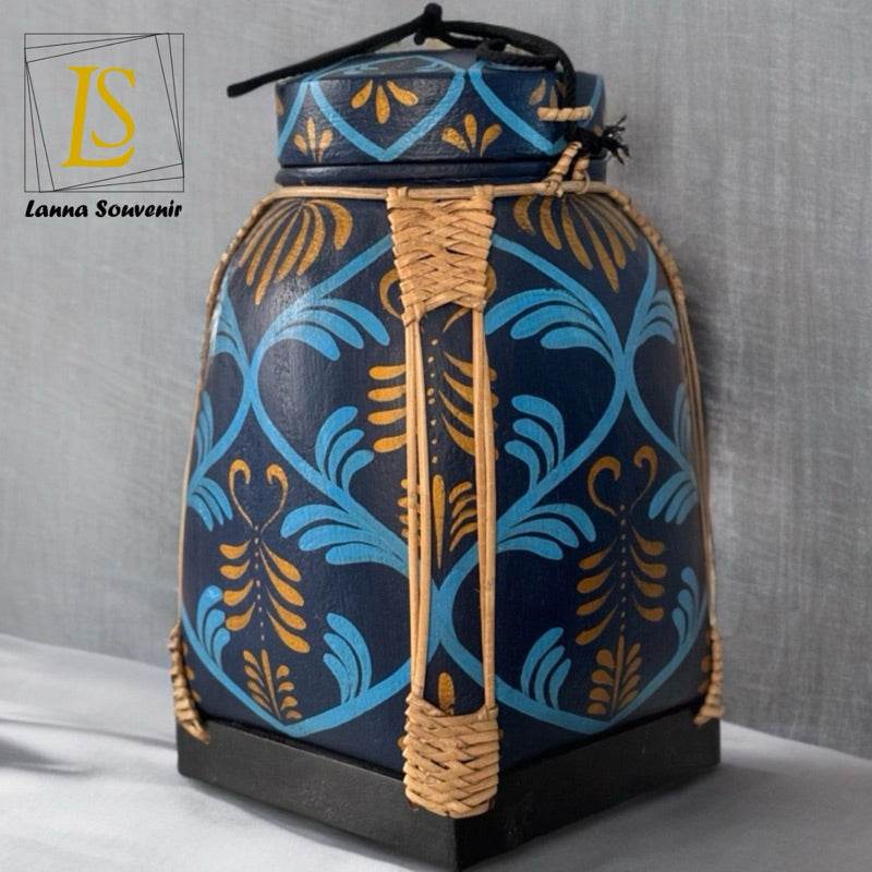 Lanna style bamboo storage box with blue and brown traditional leaf patterns for home kitchen use