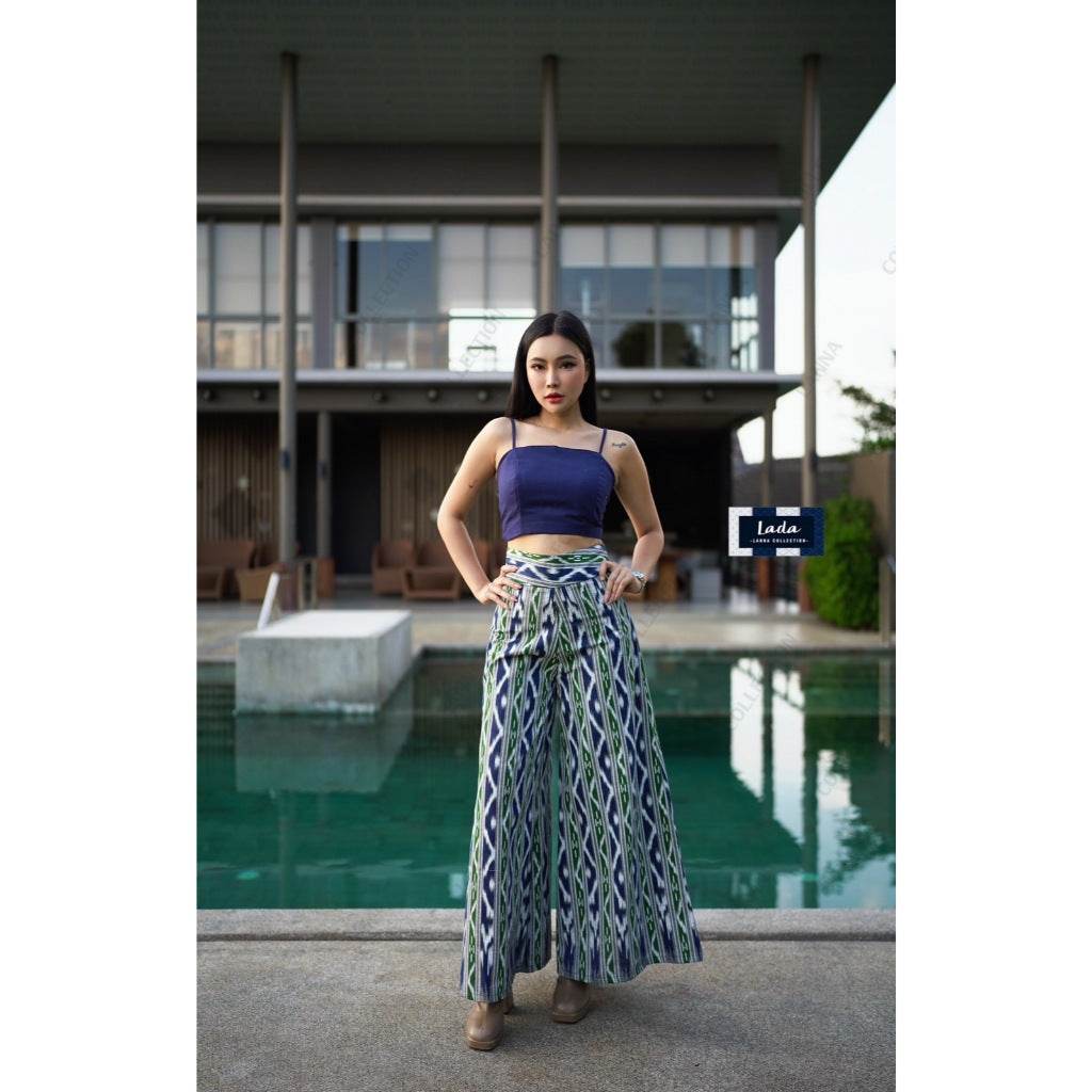 New Mi Kan Pattern Wide-Leg High-Waisted Pants – 39” Length in Waist 26–32” | Ethnic Cotton Pants for Women One-Sake.com L S M S-M-L-XL-