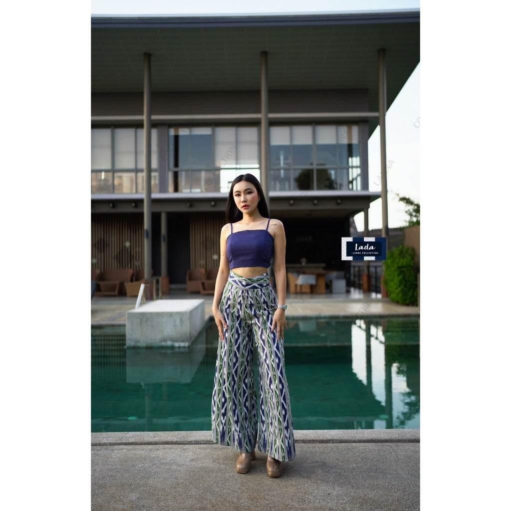 New Mi Kan Pattern Wide-Leg High-Waisted Pants for Women – Ethnic Style, 39” Length, Fits Waist 26–32”