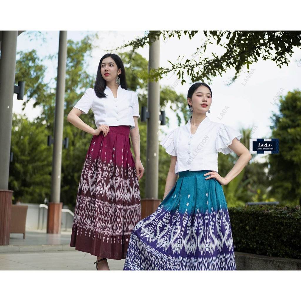 New Arrival: Twin Naga Print Cotton Blouse &amp; Skirt Set | High Waist Pleated Skirt with Thai Folklore Design One-Sake.com คอปีนแขนสั้นบานเย็น / L คอปีนแขนสั้นบานเย็น / S คอปีนแขนสั้นบานเย็น / M คอปีนแขนสั้นบานเย็น / S-คอปีนแขนสั้นบานเย็น / M-คอปีนแขนสั้นบานเย็น / L-คอปีนแขนสั้นบานเย็น / XL-คอปีนแขนสั้นฟ้าทะเล / S-คอปีนแขนสั้นฟ้าทะเล / M-คอปีนแขนสั้นฟ้าทะเล / L-คอปีนแขนสั้นฟ้าทะเล / XL-
