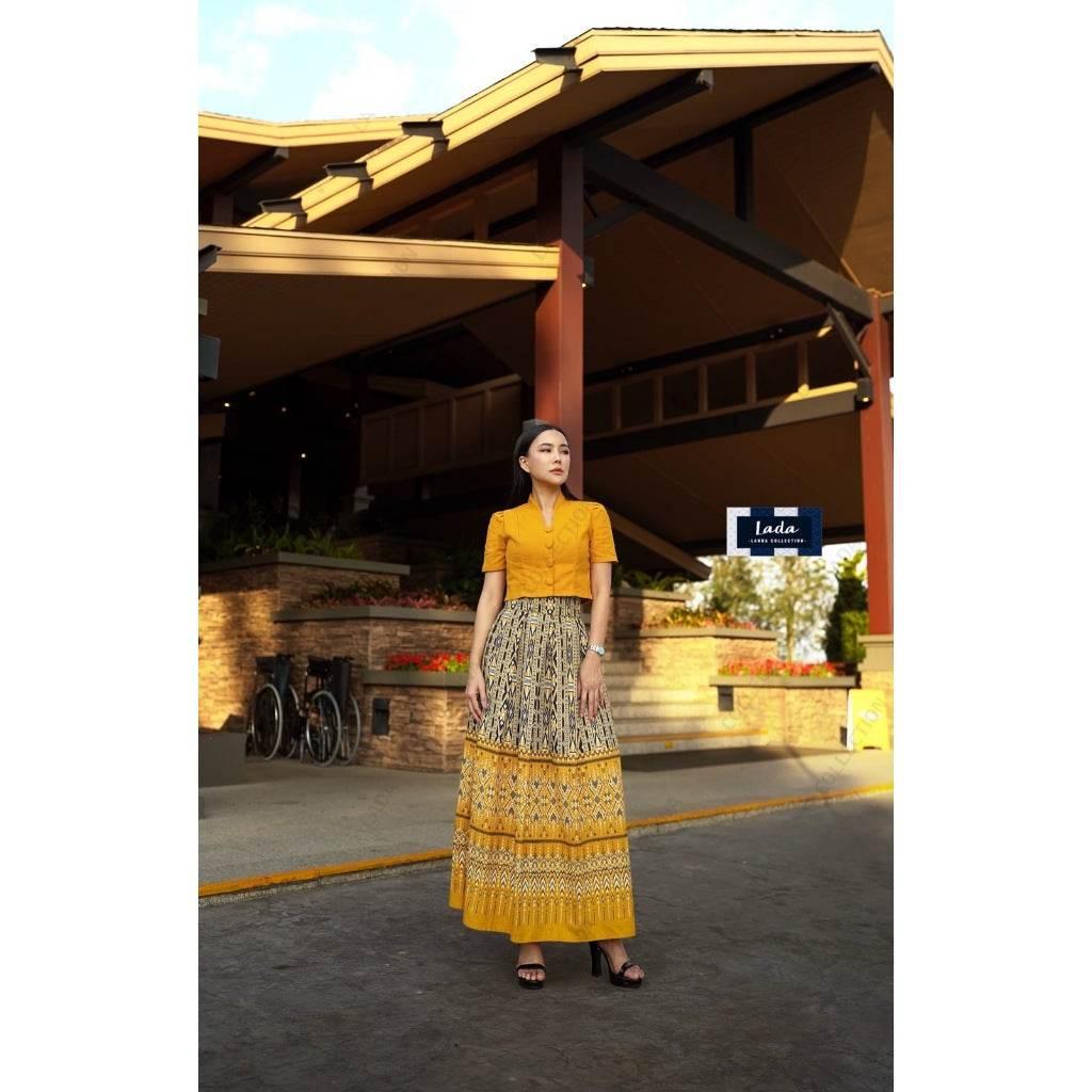 New Two-Tone Cotton Set - Khit Praewa & Mudmee Print Yellow & Wine Red Short Sleeve Top with High-Waisted Pleated Skirt
