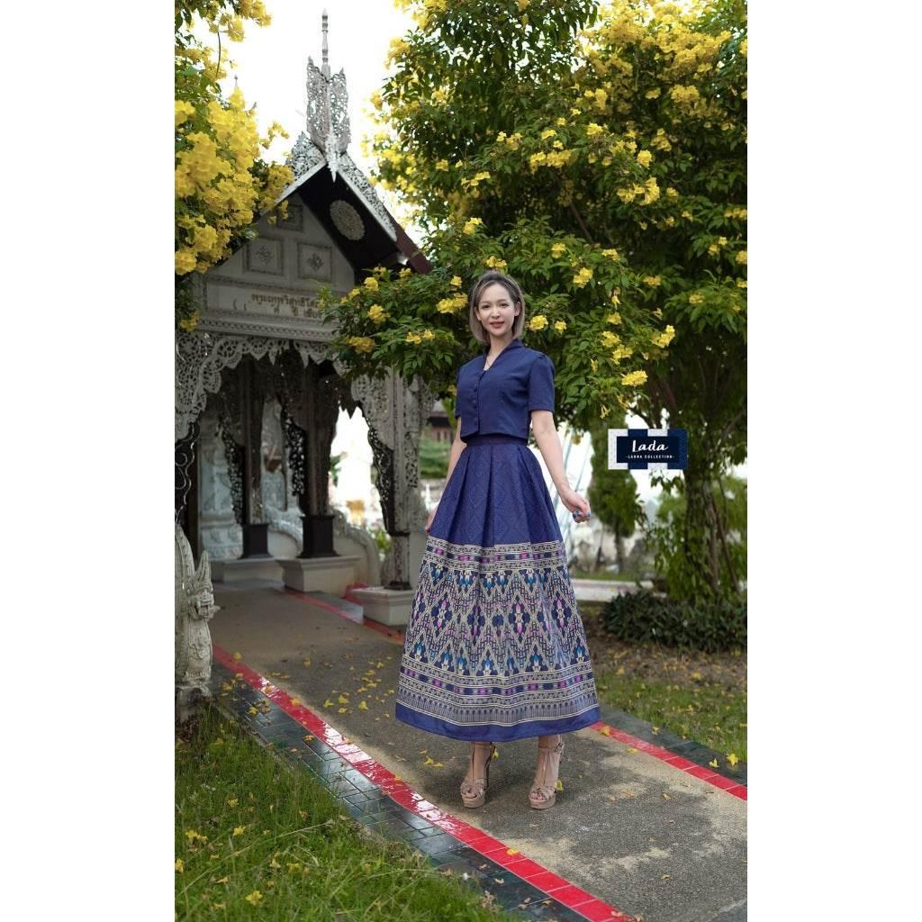 New Thai Cotton 2-Piece Set – Short Sleeve Collar Top & Khit Toot Jok Print Skirt | Available in 4 Colors and S–XL Sizes กรม
