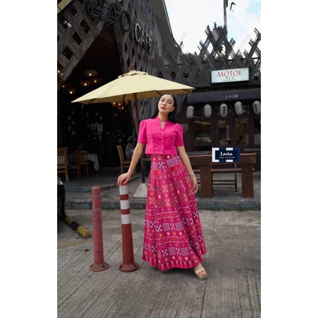 New Hmong-Inspired Cotton 2-Piece Set: Collar Short Sleeve Top & 6-Piece Pleated Skirt in Navy, Lilac & Red | Women’s Sizes S–XL บานเย็น
