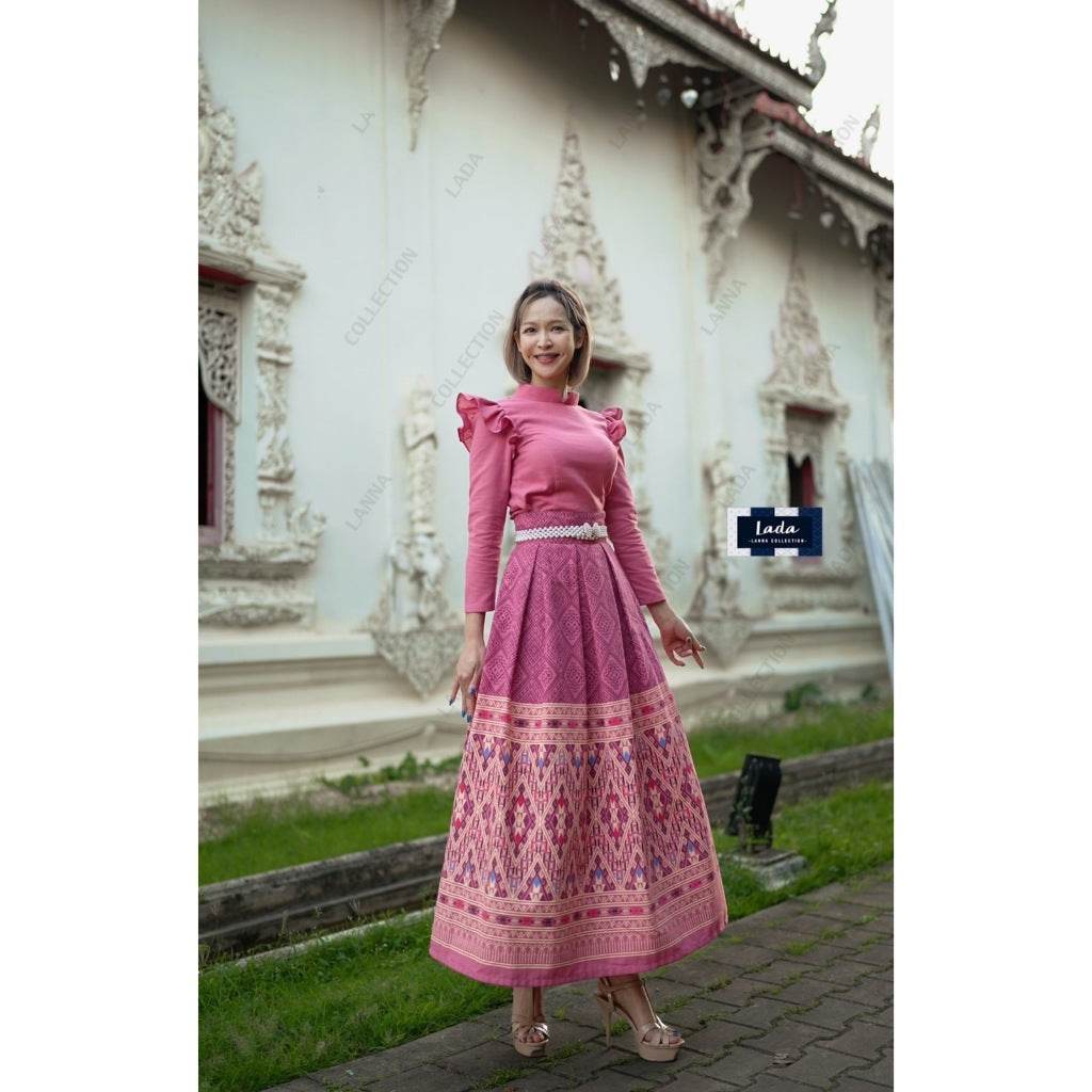 Thai Borom Phiman Cape Sleeve Blouse &amp; Pleated Skirt Set – Indigo, Pink, Wine Red &amp; Yellow | Traditional Cotton Outfit with Khit Footprint Pattern One-Sake.com เหลือง / L เหลือง / S เหลือง / M เหลือง / S-เหลือง / M-เหลือง / L-เหลือง / XL-กรม / S-กรม / M-กรม / L-กรม / XL-แดงไวน์ / S-แดงไวน์ / M-แดงไวน์ / L-แดงไวน์ / XL-ชมพู / S-ชมพู / M-ชมพู / L-ชมพู / XL-