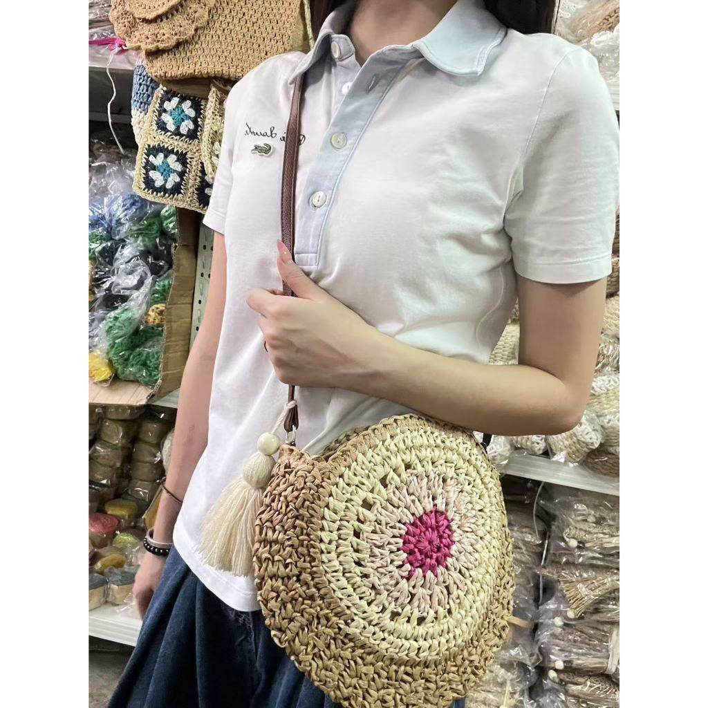 Retro Style Handwoven Bag for Women – Cute Tassel &amp; Leather Strap | Small Cotton Rope Crossbody Bag with Adjustable Strap One-Sake.com green khaki pink khaki-pink-green-