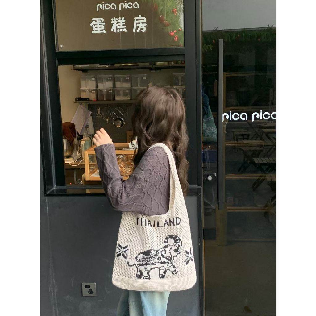 Elephant Pattern Woven Shoulder Bag – Handmade Cotton Rope Tote for Women | 38cm x 40cm with 30cm Strap One-Sake.com khaki white white off white-white off-khaki-