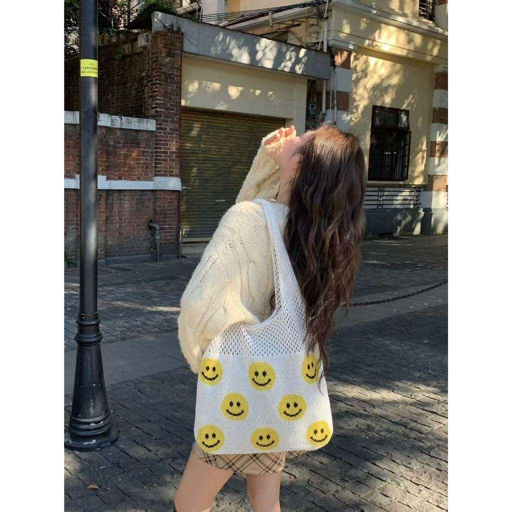Smiley Face Crochet Bag – Colorful Handmade Cotton Rope Tote with 30cm Strap | Large Capacity 40cm Shoulder Bag