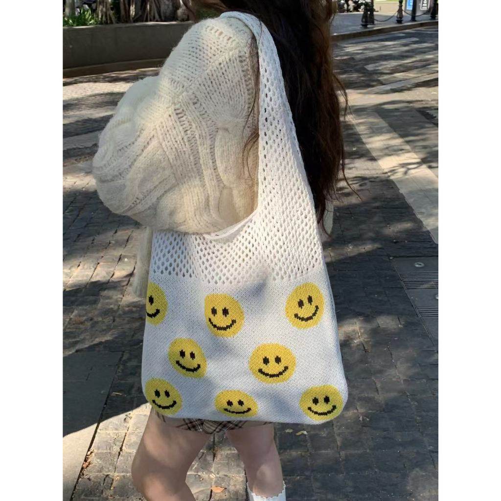 Smiley Face Crochet Bag – Colorful Handmade Shoulder Tote with 30cm Strap | Large Capacity Cotton Rope Bag 40cm Width One-Sake.com white khaki white off khaki-white off-white-
