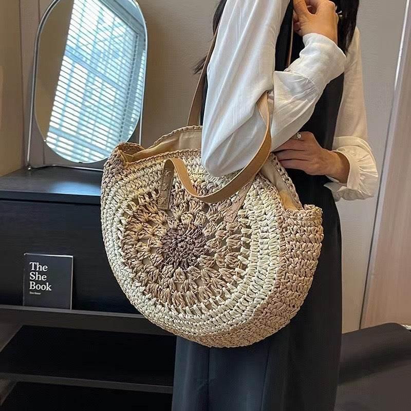 6-Color Large Woven Beach Tote Bag with Adjustable Shoulder Strap - Handmade Cotton Rope Bag 25cm x 42cm
