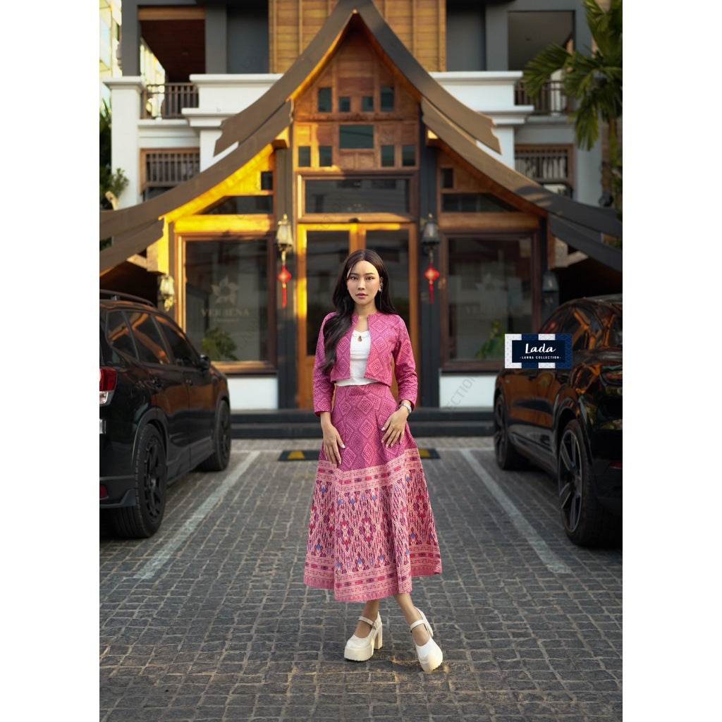 New Arrival: Cotton Wrap Blouse &amp; Skirt Set with Khit Print &amp; Short Hem | Traditional Lanna Style in 2 Colors One-Sake.com ชมพู / L ชมพู / S ชมพู / M ชมพู / S-ชมพู / M-ชมพู / L-ชมพู / XL-เหลือง / S-เหลือง / M-เหลือง / L-เหลือง / XL-