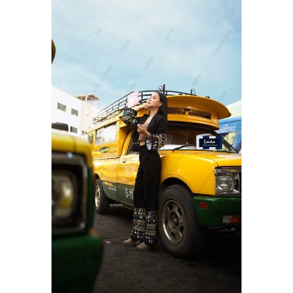 Mien Ethnic Print 2-Piece Set: Wrap Top & High-Waisted Pants in Cotton-Poly Blend for Women (S–XL)