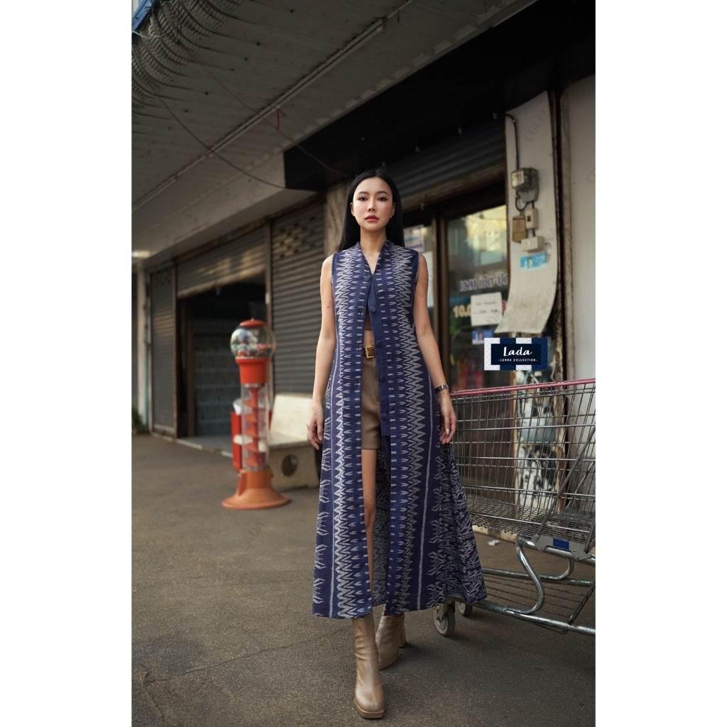 New Long Fishbone Print Wrap Coat for Women - 50 Inch Length and Front Buttons, Two Sizes Available กรม
