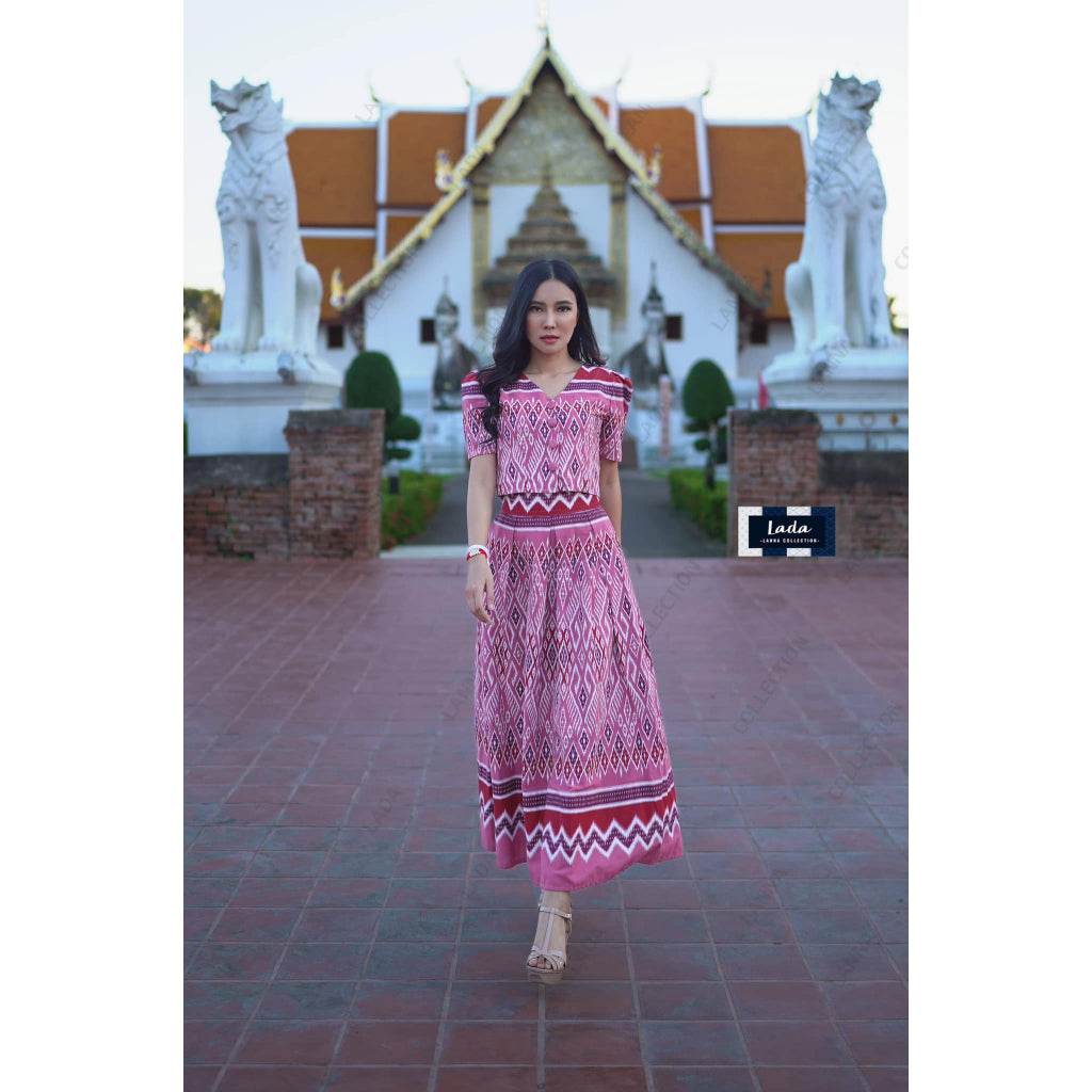 Pastel Print Cotton Set with Button Top &amp; Pleated Skirt – S–XL Sizes | Traditional Thai-Inspired Outfit for Women One-Sake.com ม่วง / L ม่วง / S ม่วง / M ม่วง / S-ม่วง / M-ม่วง / L-ม่วง / XL-ฟ้า / S-ฟ้า / M-ฟ้า / L-ฟ้า / XL-ชมพู / S-ชมพู / M-ชมพู / L-ชมพู / XL-