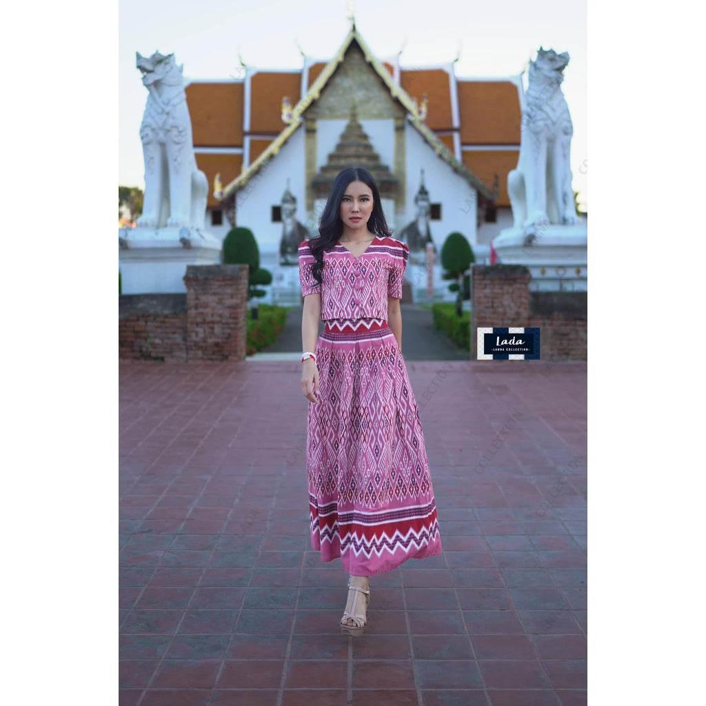 Pastel Print Cotton Set: Button Top & Pleated Skirt – S–XL Sizes | Women's Traditional Thai-Inspired Attire