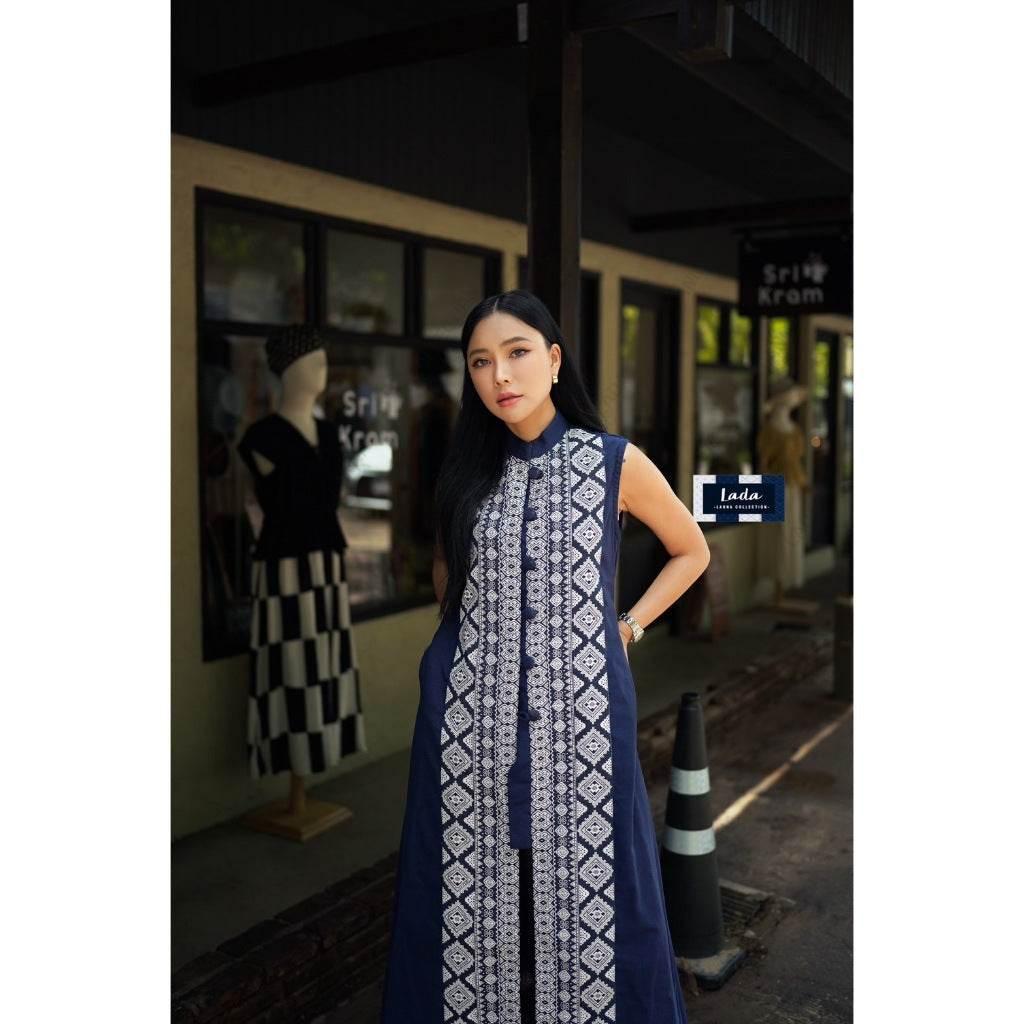 Long Navy Blue Tai Lue Coat - Handwoven Cotton Ethnic Wrap Outfit for Women in M & XL Sizes