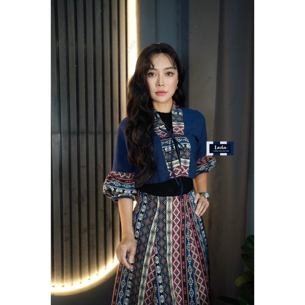 New Woven Wrap Top &amp; 6-Piece Checkerboard Skirt Set – Navy Blue | Ethnic Cotton Outfit for Women in S–XL Sizes One-Sake.com L S M S-M-L-XL-