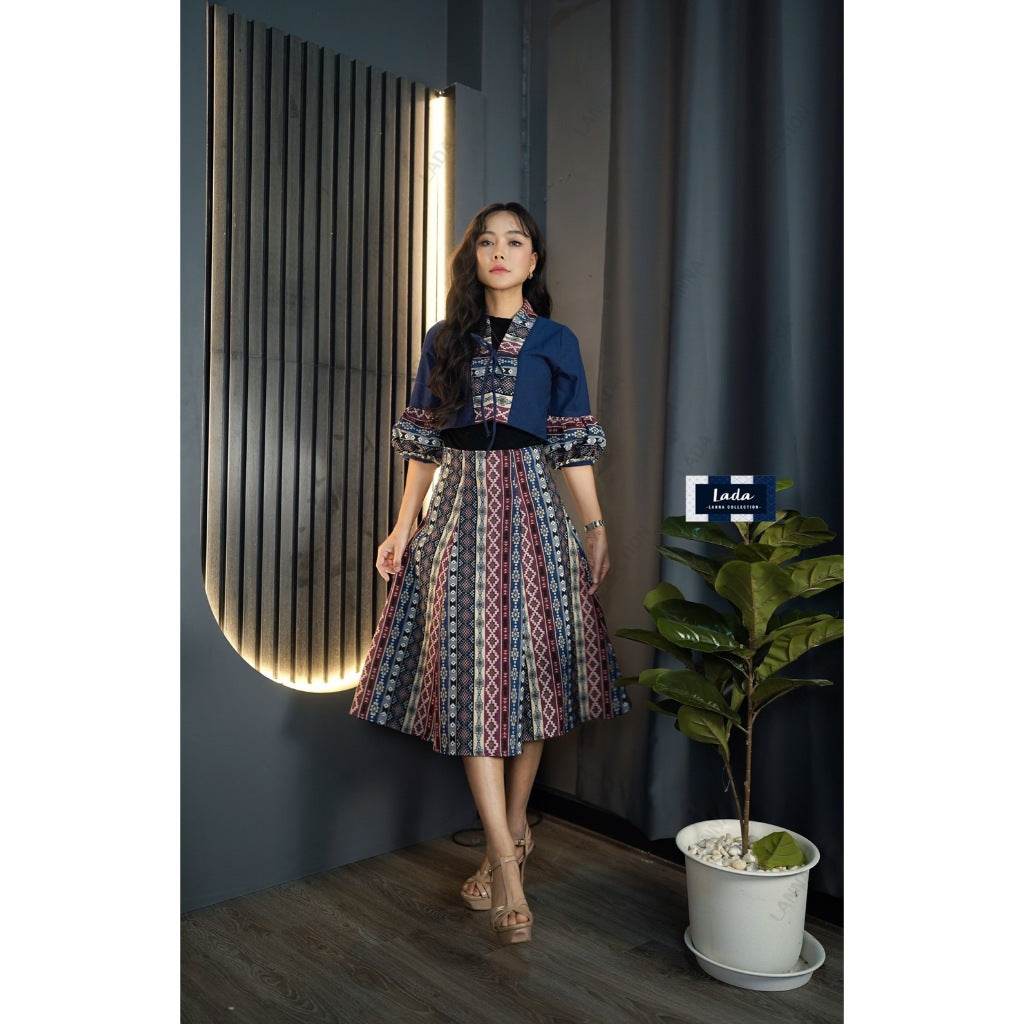 New Woven Wrap Top &amp; 6-Piece Checkerboard Skirt Set – Navy Blue | Ethnic Cotton Outfit for Women in S–XL Sizes One-Sake.com L S M S-M-L-XL-