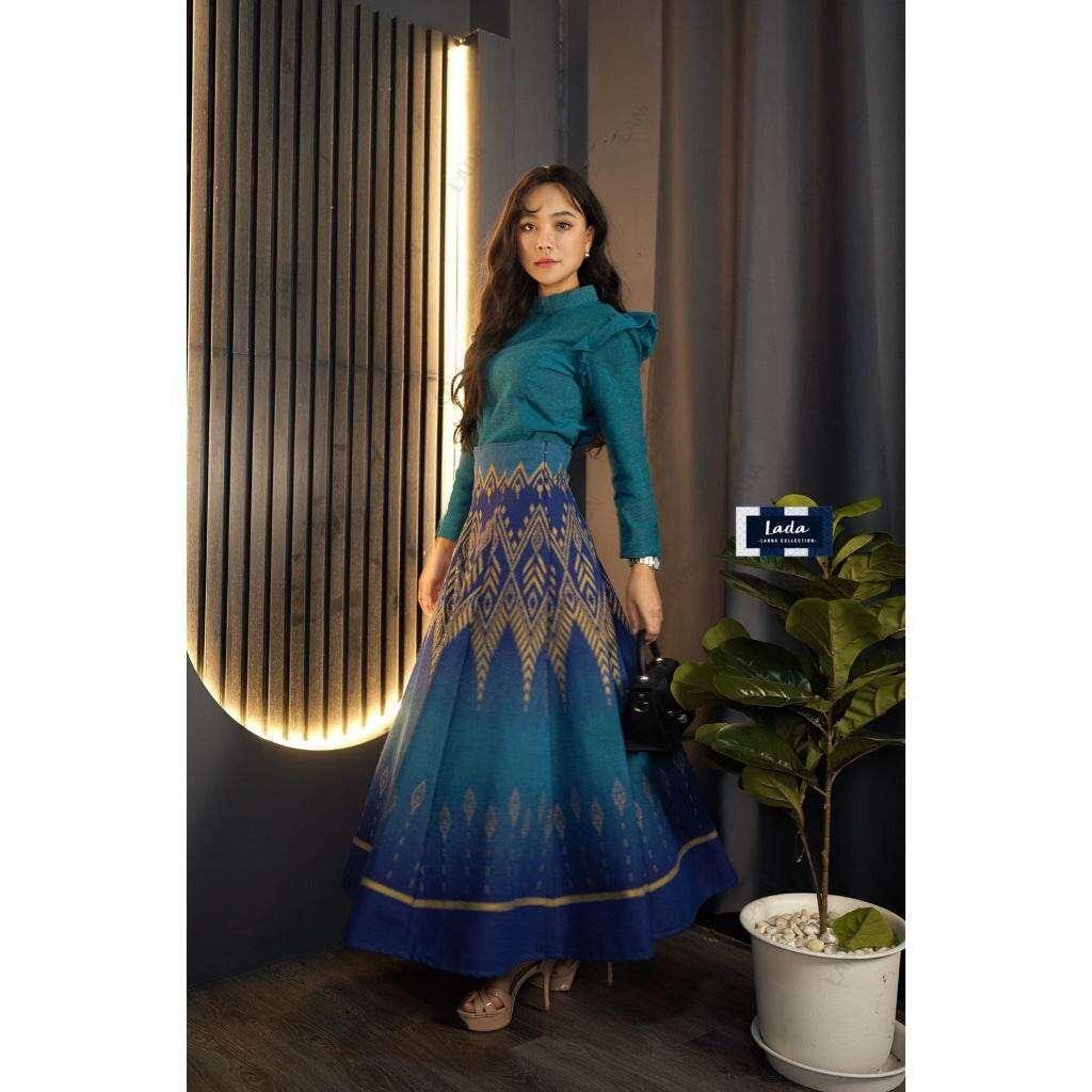 New Pine Pattern Pleated Skirt Set for Women – 8-Piece Deep Purple & Navy Blue Cotton with Wing Sleeve Top, Sizes S to XL น้ำเงินเข้ม