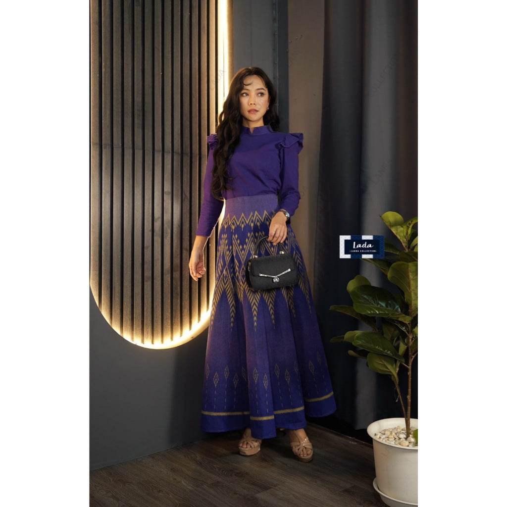 New Pine Pattern 8-Piece Pleated Skirt Set with Wing Sleeve Top – Deep Purple &amp; Navy Blue Cotton Outfit for Women S–XL One-Sake.com ม่วงเข้ม / L ม่วงเข้ม / S ม่วงเข้ม / M ม่วงเข้ม / S-ม่วงเข้ม / M-ม่วงเข้ม / L-ม่วงเข้ม / XL-น้ำเงินเข้ม / S-น้ำเงินเข้ม / M-น้ำเงินเข้ม / L-น้ำเงินเข้ม / XL-