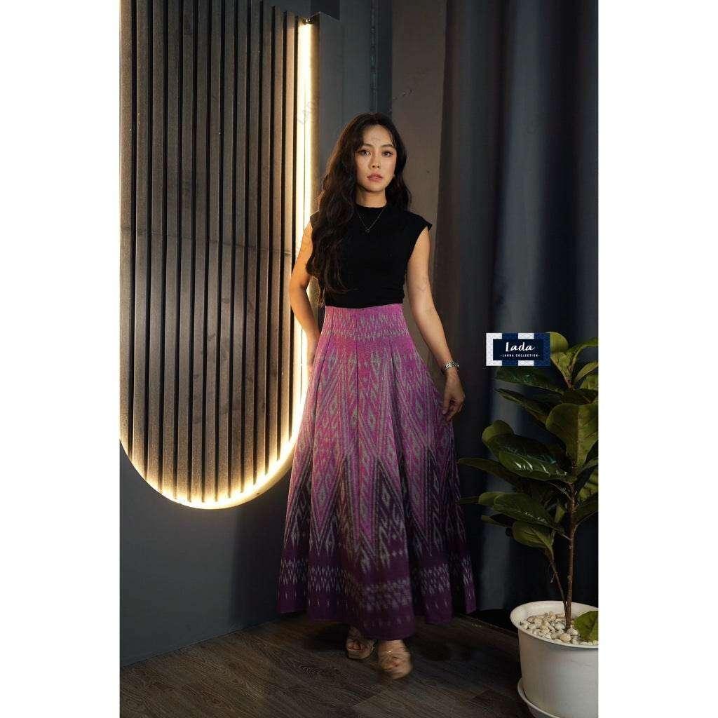 Two-Tone Pleated Skirt - 8-Piece Set, High-Waisted Cotton Outfit for Women, 38” Length, Waist Size 26–32” ม่วง