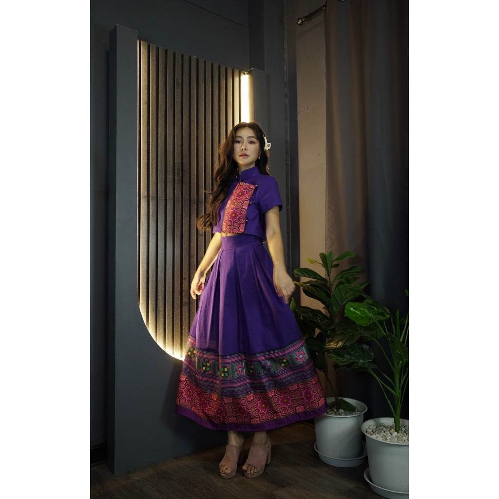 New Chinese Collar Top &amp; Swirl Print Skirt Set – Purple Cotton Outfit | Modest Style for Women One-Sake.com ม่วง / L ม่วง / S ม่วง / M ม่วง / S-ม่วง / M-ม่วง / L-ม่วง / XL-