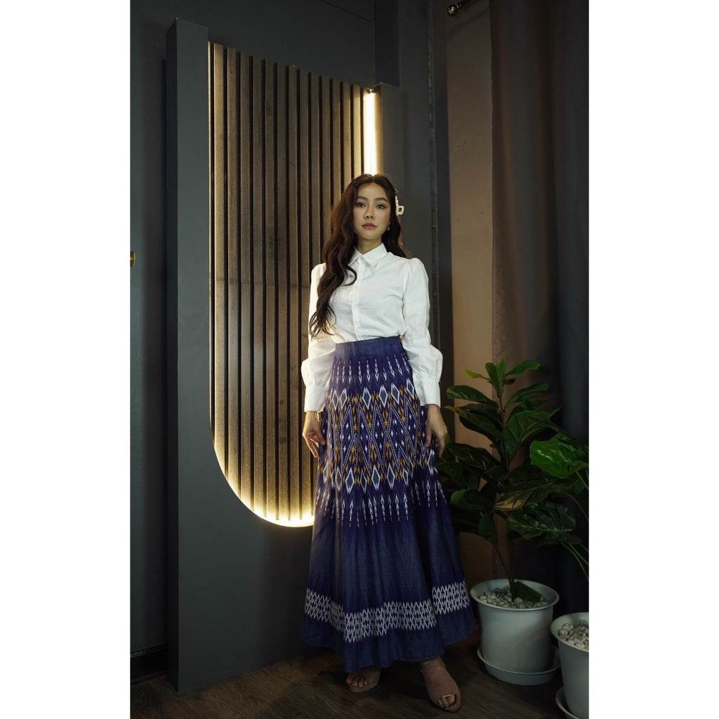 White Shirt &amp; 8-Piece Khao Lam Duan Print Skirt Set – Traditional Thai Cotton Outfit | S–XL Sizes for Women One-Sake.com L S M S-M-L-XL-