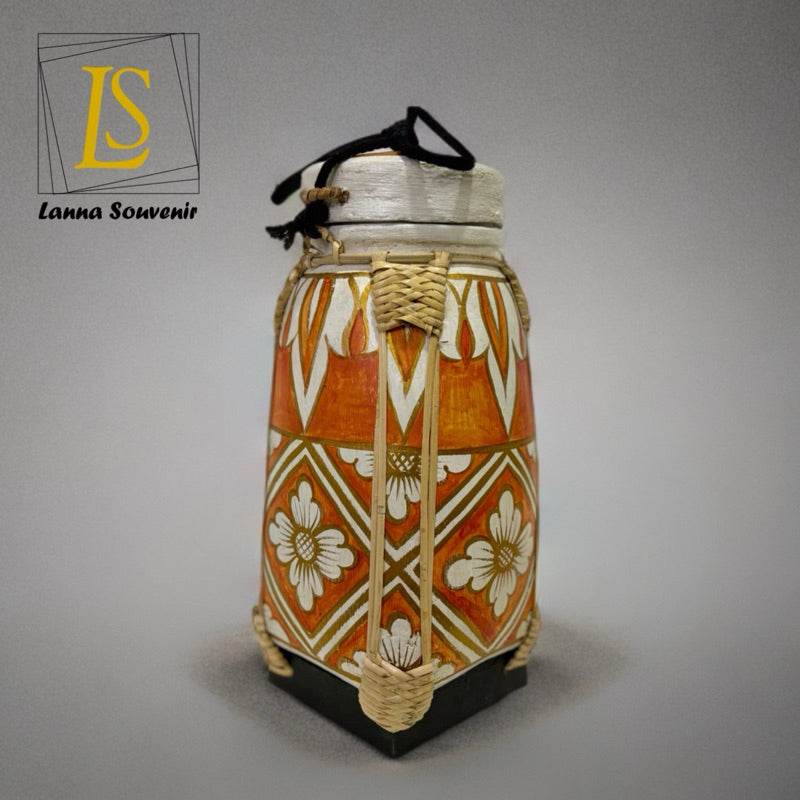 Handmade lanna bamboo rice box with traditional floral and geometric patterns by One-Sake.com