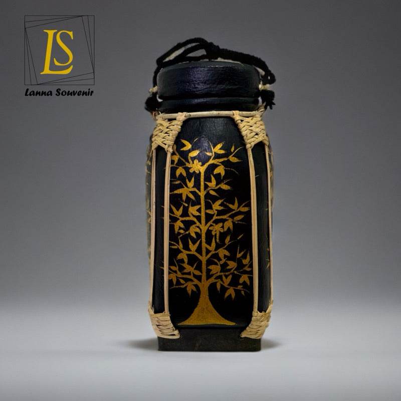 Handmade lanna bamboo rice box with black and gold tree design and woven details from One-Sake.com