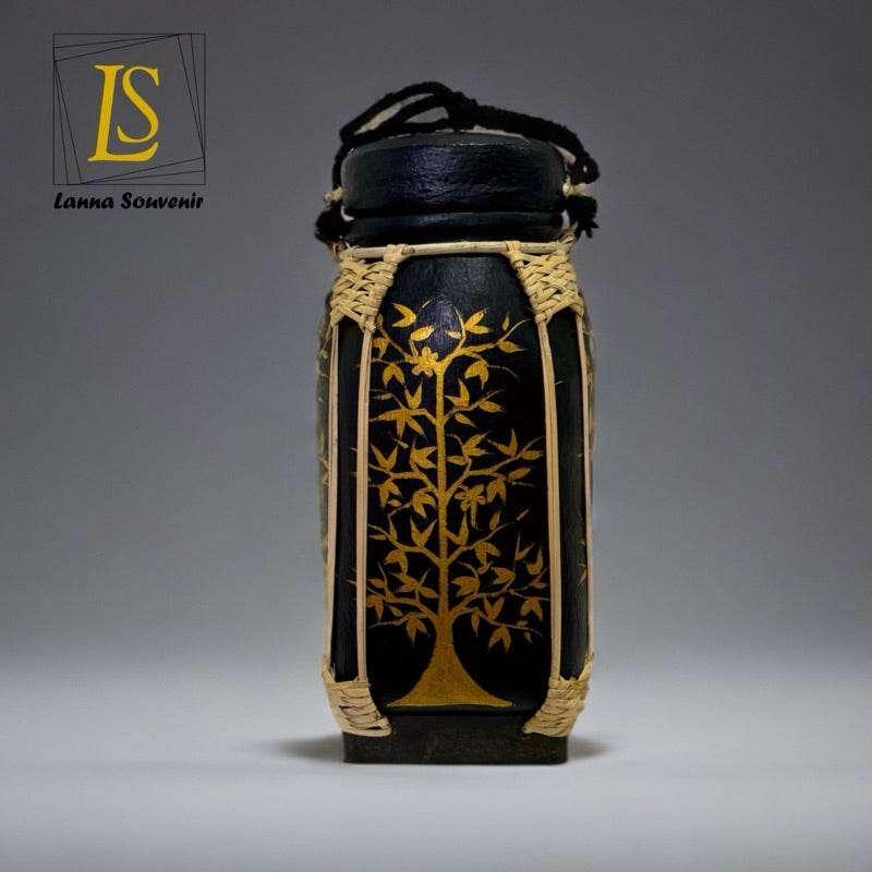 Handmade Bamboo Rice Box with Floral Design - Authentic Thai Craftsmanship ดำต้นไม้