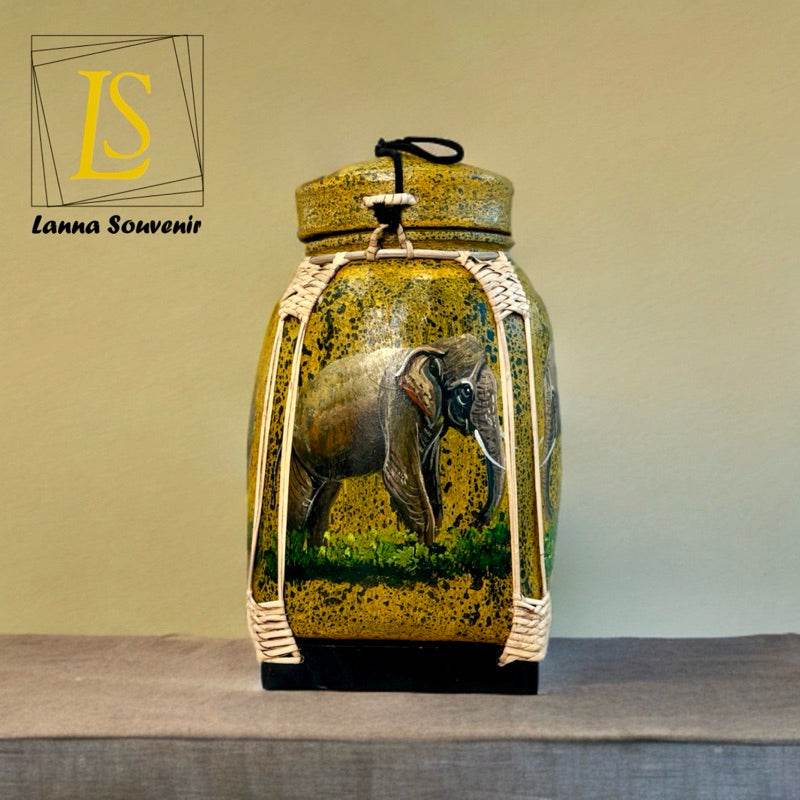 Lanna style bamboo storage box decorated with an elephant painting and traditional craft details