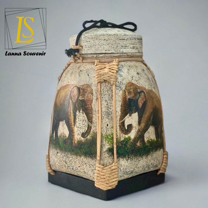Lanna style bamboo storage box with elephant artwork and woven detailing for home kitchen use