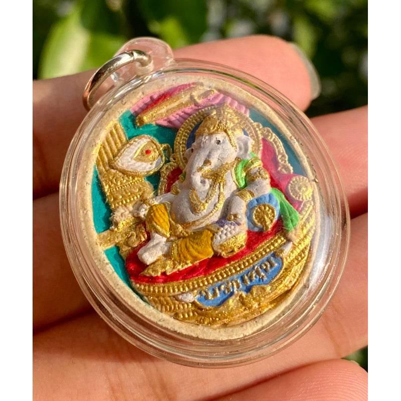 Ganesha Prosperity Amulet - Borom Suk Edition Sacred Wood with Silver Takrut by Luang Phor Pramot Wat Khao Cha Ngum