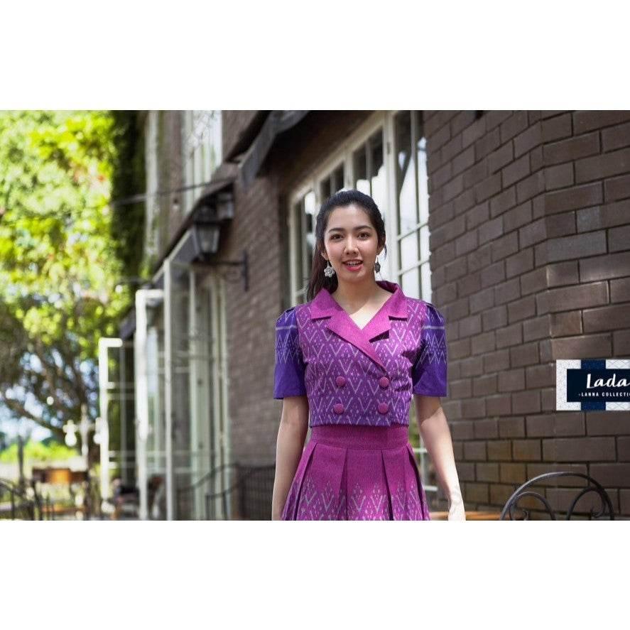 Trendy Cotton Two-Piece Set - Mandarin Collar Top & Pleated Skirt in 3 Colors | Available Separates ชมพูบานเย็น
