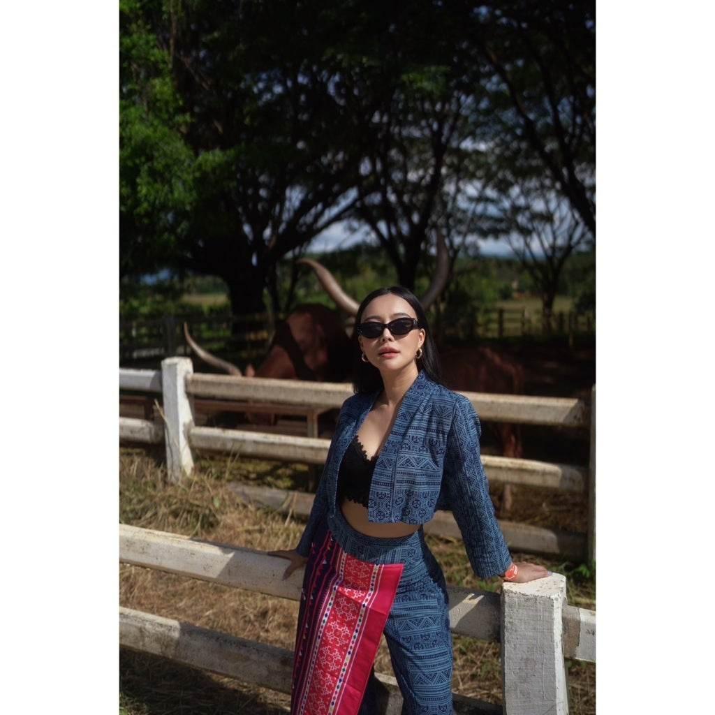 Batik-Inspired Women Outfit: Cotton Wrap Top and High-Waisted Pants Set in S–XL Sizes with Embroidered Ethnic Print
