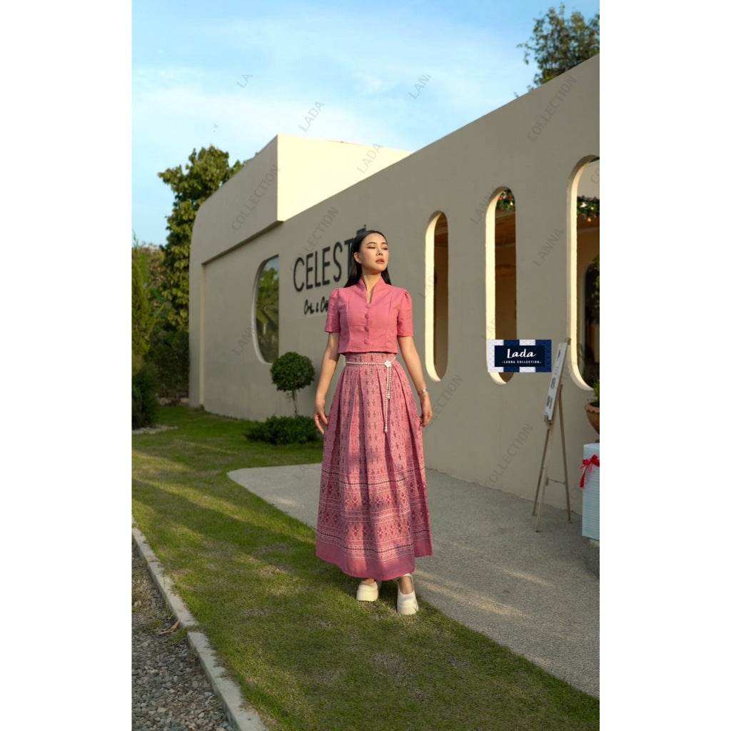 New Pink Piku Flower Print Skirt with 2 Top Styles – Cotton 2-Piece Set | S–XL Sizes for Women One-Sake.com คอปีนแขนสั้น / L คอปีนแขนสั้น / S คอปีนแขนสั้น / M คอปีนแขนสั้น / S-คอปีนแขนสั้น / M-คอปีนแขนสั้น / L-คอปีนแขนสั้น / XL-ครอปจิตรลดาระบายเล็ก / S-ครอปจิตรลดาระบายเล็ก / M-ครอปจิตรลดาระบายเล็ก / L-ครอปจิตรลดาระบายเล็ก / XL-