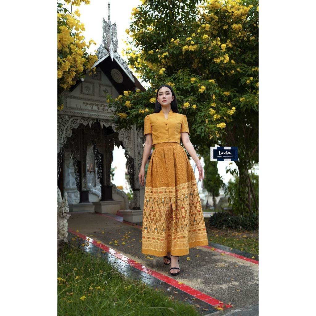 New Thai Cotton 2-Piece Set – Short Sleeve Collar Top &amp; Khit Toot Jok Print Skirt | 4 Colors in S–XL Sizes One-Sake.com แดงไวน์ / L แดงไวน์ / S แดงไวน์ / M แดงไวน์ / S-แดงไวน์ / M-แดงไวน์ / L-แดงไวน์ / XL-ชมพู / S-ชมพู / M-ชมพู / L-ชมพู / XL-เหลือง / S-เหลือง / M-เหลือง / L-เหลือง / XL-กรม / S-กรม / M-กรม / L-กรม / XL-
