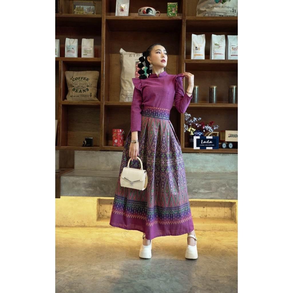 New Ancient Betel Nut Cotton Set - Wing Sleeve Top & Pleated Skirt in 3 Colors | Sizes S–XL for Women บานเย็น