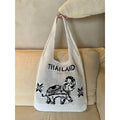 Elephant Pattern Shoulder Bag - Handmade Cotton Rope Tote for Women | 38cm x 40cm with 30cm Strap white