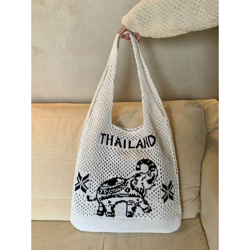 Elephant Pattern Shoulder Bag - Handmade Cotton Rope Tote for Women | 38cm x 40cm with 30cm Strap white