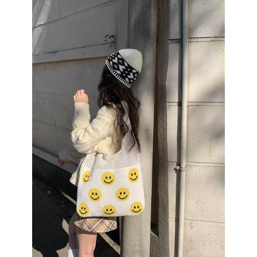 Smiley Face Crochet Bag – Colorful Handmade Shoulder Tote with 30cm Strap | Large Capacity Cotton Rope Bag 40cm Width One-Sake.com white khaki white off khaki-white off-white-