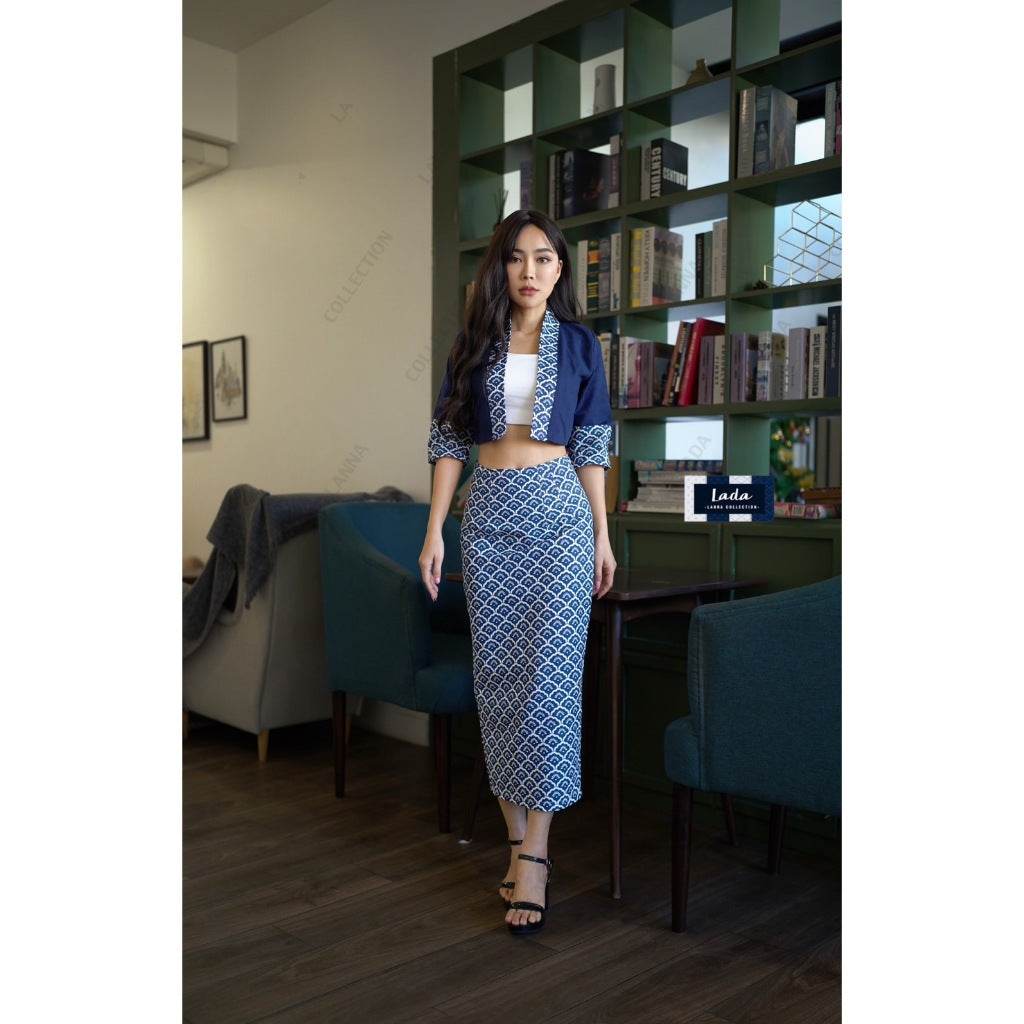 New Fish Scale Print Cotton Set – 4-Panel Cape Sleeve Top &amp; A-Line Skirt | Traditional Lanna Fabric in S–XL Sizes for Women One-Sake.com L S M S-M-L-XL-