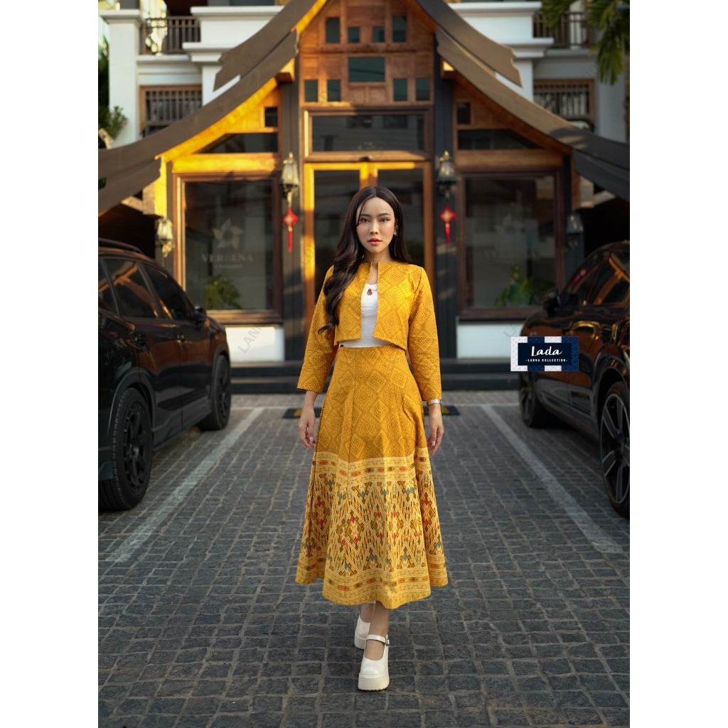 New Arrival: Cotton Wrap Blouse &amp; Skirt Set with Khit Print &amp; Short Hem | Traditional Lanna Style in 2 Colors One-Sake.com ชมพู / L ชมพู / S ชมพู / M ชมพู / S-ชมพู / M-ชมพู / L-ชมพู / XL-เหลือง / S-เหลือง / M-เหลือง / L-เหลือง / XL-