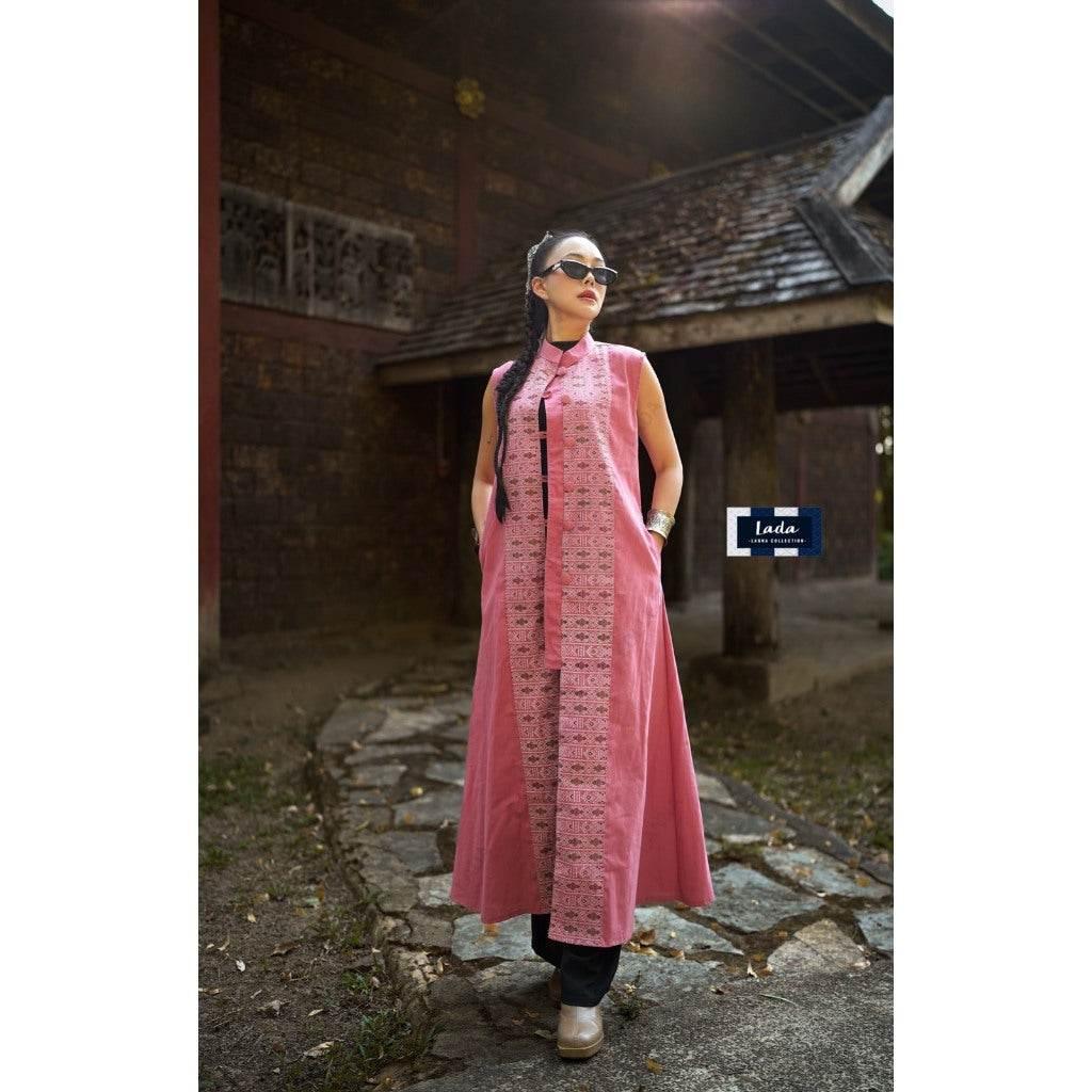 New Long Pink Flower Print Wrap Coat in Traditional Lanna Cotton Fabric | Women’s Sizes 32–40” Bust Available