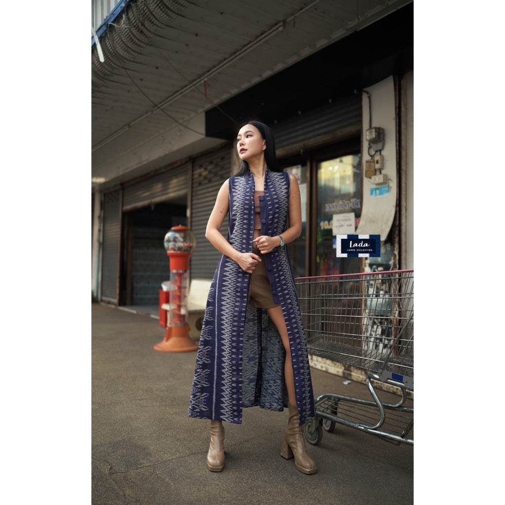 New Long Fishbone Print Cotton Wrap Coat – Two Sizes Available | 50 Inch Length with Front Buttons for Women One-Sake.com กรม / อก32-36 แดง / อก32-36 แดง / อก38-40 แดง / อก32-36-แดง / อก38-40-กรม / อก32-36-กรม / อก38-40-ดำ / อก32-36-ดำ / อก38-40-