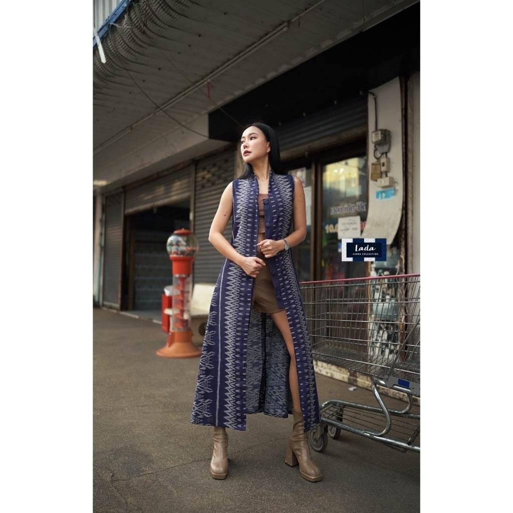 New Long Fishbone Print Wrap Coat for Women - 50 Inch Length and Front Buttons, Two Sizes Available