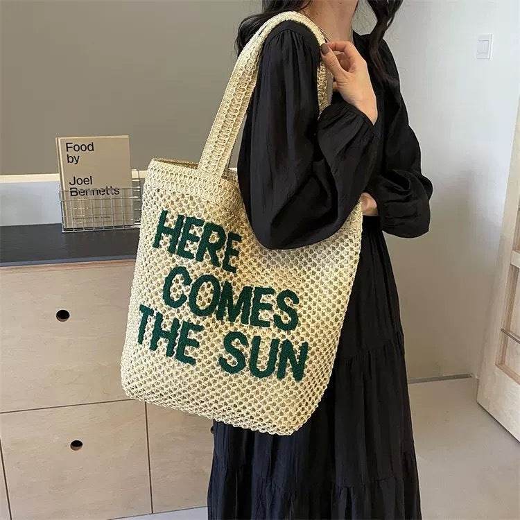 Large Handwoven English Letter Tote Bag for Women – Spacious Cotton Rope &amp; Natural Fiber Shoulder Bag | 39cm x 41cm Travel &amp; Daily Use One-Sake.com green khaki white off khaki-white off-green-